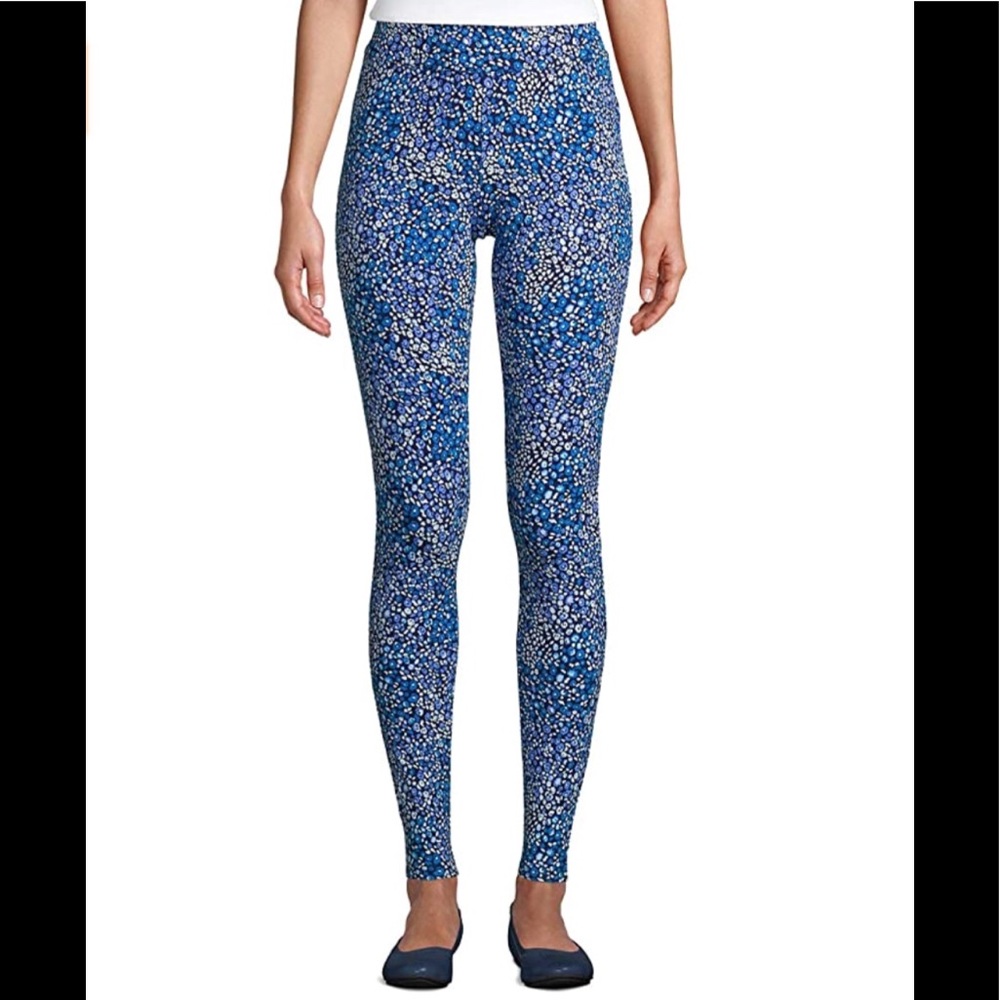 Lands End Leggings Mid Rise Navy Floral Print Soft Cotton Jersey Women’s Size XS